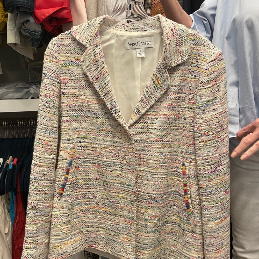 Sara Campbell boucle rainbow jacket. Tie in the back.